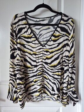 Zara Black & White Zebra-Print V-Neck Top with Yellow Accents